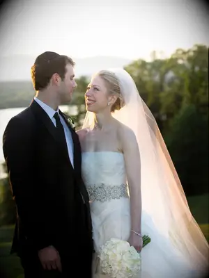 Chelsea Clinton wearing Vera Wang belted wedding dress