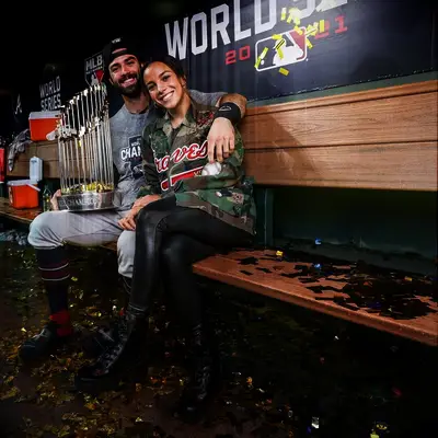 Dansby Swanson with his wife Mallory Pugh after winning the World Series