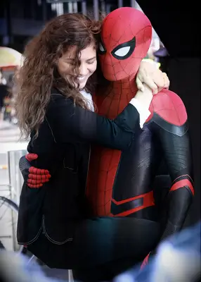 Zendaya and Tom Holland on the Spider-Man: Homecoming set