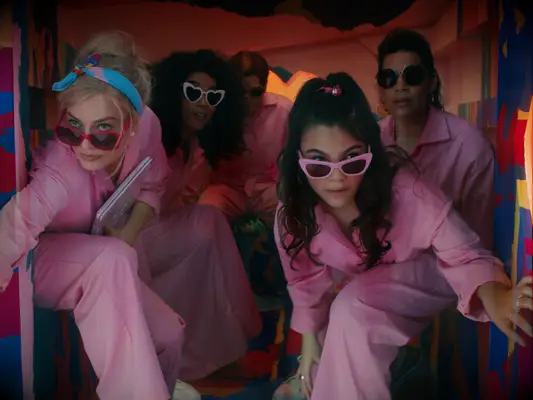 Barbie pink jumpsuit costume idea from the Barbie movie