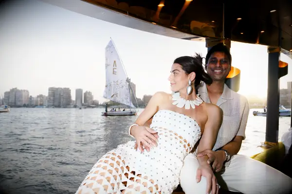 Ankur Jain with Erika Hammond on a boat for their wedding brunch