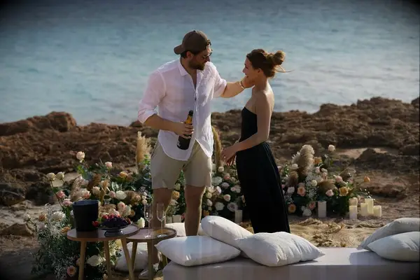 Oilers left wing Leon Draisaitl and fiancee Celeste Desjardins during proposal on the beach