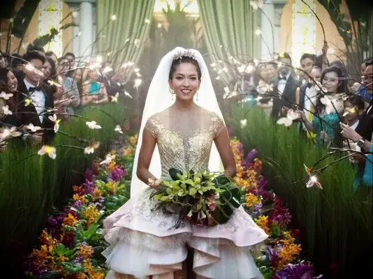 Rachel Chu walking down aisle on wedding day in Crazy Rich Asians