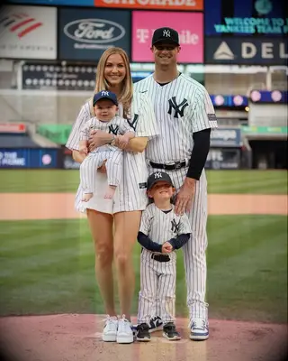Gerrit cole with his wife Amy and their sons at Yankee Stadium