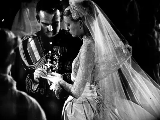 Princess Grace Kelly and Prince Rainier III of Monaco on their wedding day.