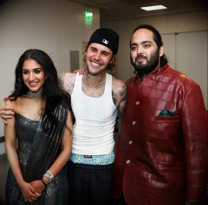Anant Ambani and Radhika Merchant with Justin Bieber at their sangeet