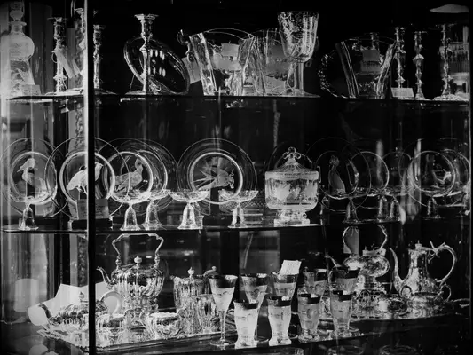 Display of glass and silver wedding gifts for Queen Elizabeth and Prince Charles in St. James