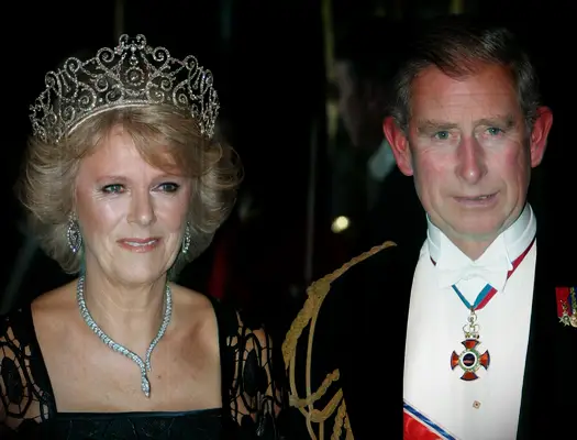 Queen Camilla wears an ornate tiara. 
