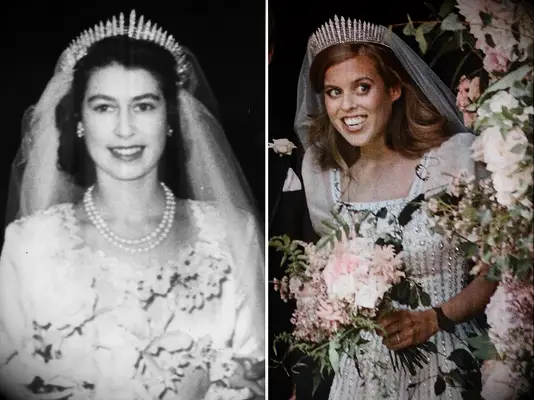Collage of two queens wearing a beautiful fringe tiara. 