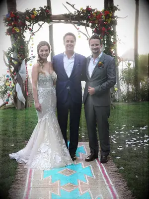 Bachelor in Paradise couple Carly Waddell and Evan Bass on wedding day with Chris Harrison