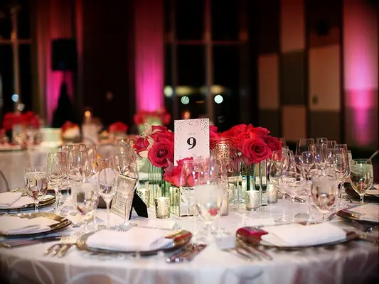 silver and pink wedding reception table decor