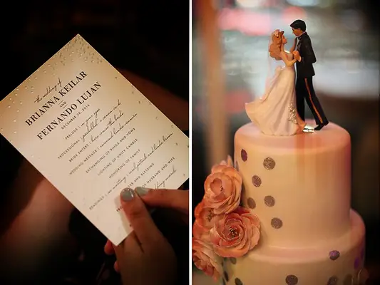 wedding invitation and cake with silver dots and pink flowers