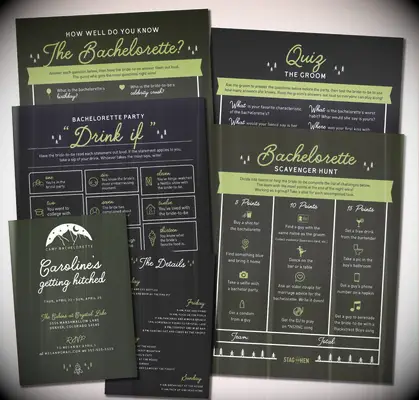 Green themed bachelorette scavenger hunt game bundle