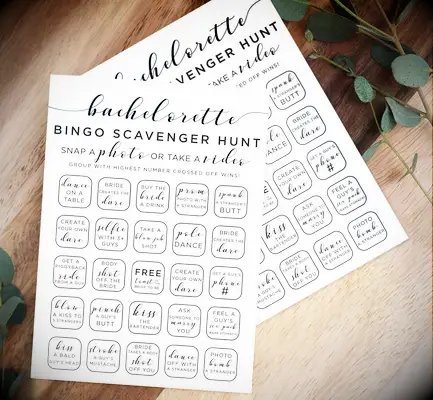 Bachelorette scavenger hunt bingo