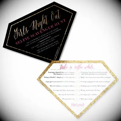 Black and gold diamond themed bachelorette party selfie scavenger hunt