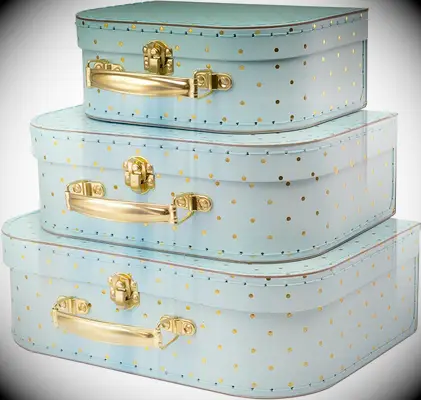 Blue and gold cardboard suitcases for your travel-themed bridal shower
