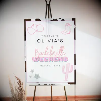 Cow-print custom bachelorette sign. 