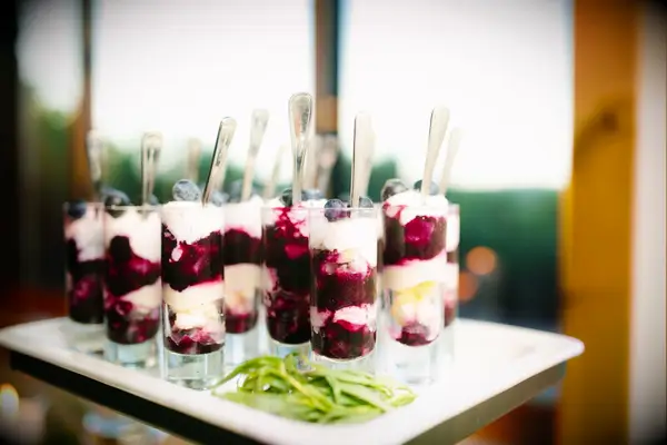 Fruit and yogurt parfaits at a bridal shower. 