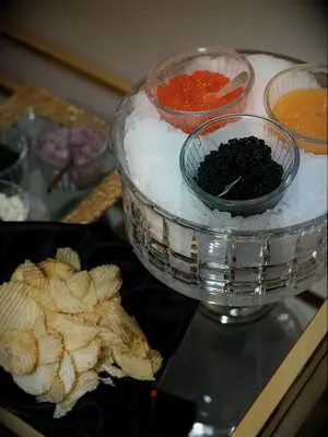 Caviar and potato chips at bridal shower
