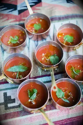 Mini gazpacho food idea for a bridal shower. 