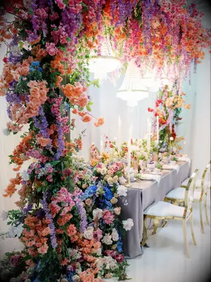 Bright and colorful flowers at Bridgerton-themed tea party bridal shower