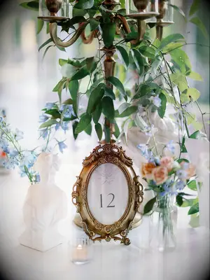 Framed table numbers at Bridgerton themed bridal shower