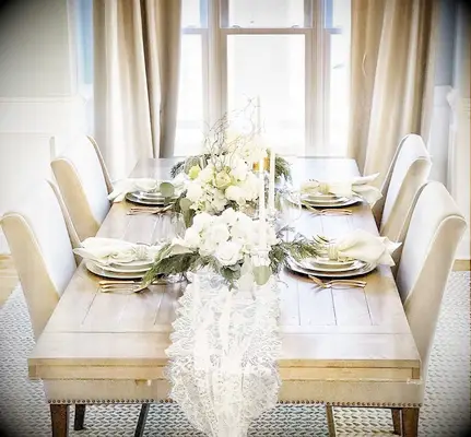 White lace table runner for boho bridal shower decoration