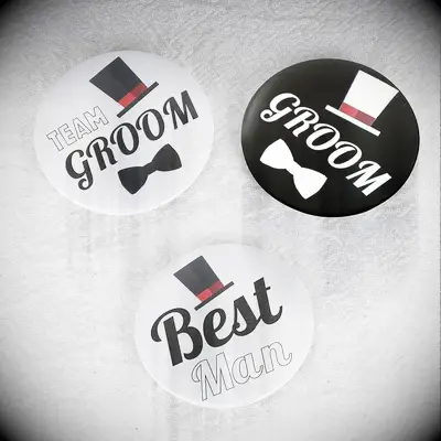 Hat and bowtie groomsmen bachelor party buttons