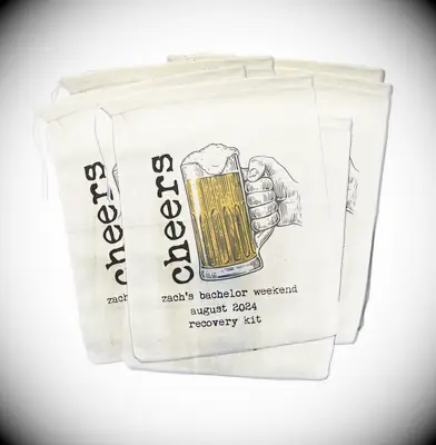 Beer cheers bags for bachelor party recovery kit
