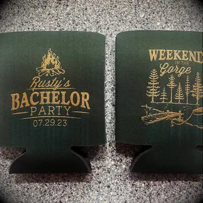 Personalized bachelor party in the woods koozies