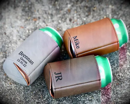 Personalized leather bachelor party koozie 