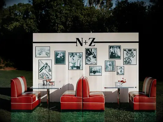 Diner-inspired lounge area at rehearsal dinner