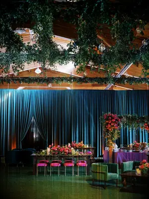 Jewel-tone decor at rehearsal dinner