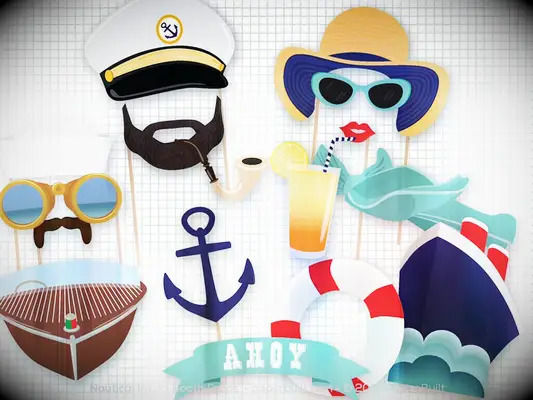 Sailor photo props like anchor, sailor hat, beach hat, sign saying Ahoy