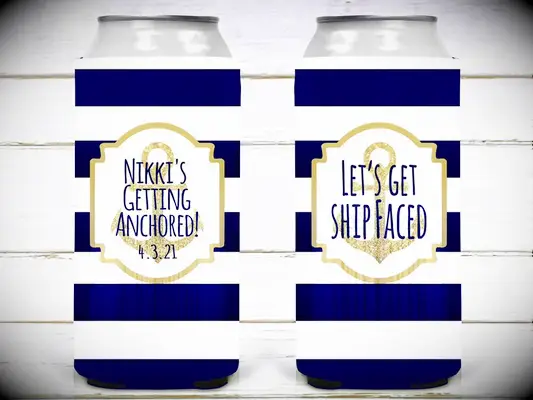 Navy and white striped koozies with gold anchor and pun in center
