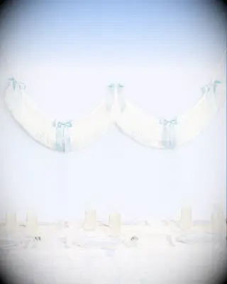 Blue fringe banner with bows