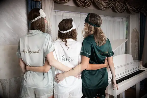 Custom bridesmaid silk pajamas for bachelorette party sleepover