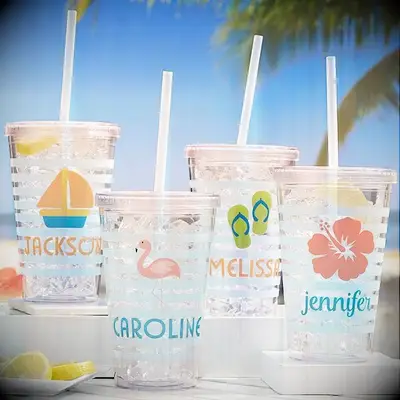 Beach-Themed Bachelorette cups with lids and straws