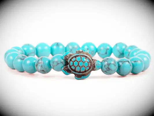 Aquamarine blue beaded bracelet with sea turtle charm for beach bridal shower