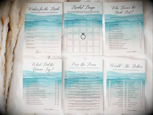 Six printable beach landscape design bridal shower games