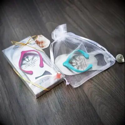 Engraved flip flop beach-themed bridal shower favors