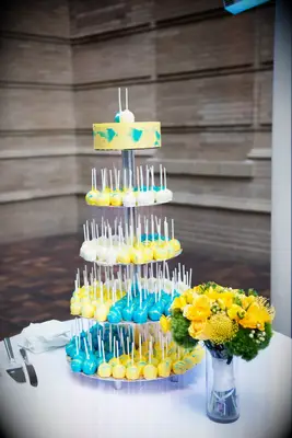 Blue and yellow cake pop idea for bridal shower. 
