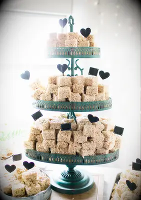 Tower of rice krispie treats for a bridal shower. 