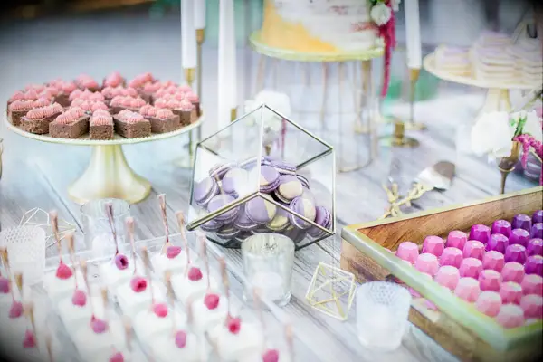 Pink and purple dessert table idea for bridal shower. 