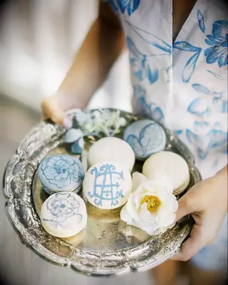 Monogrammed macaron dessert idea for bridal shower. 