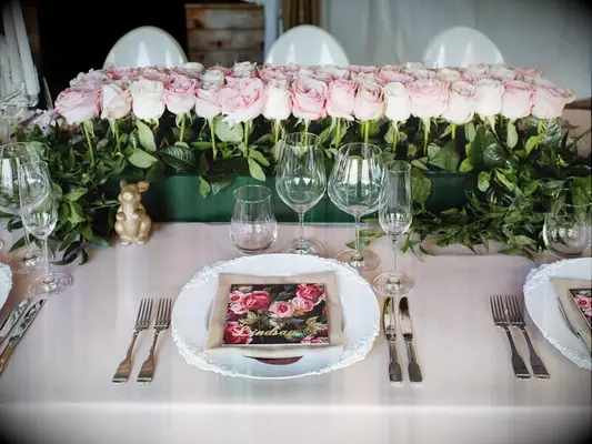 An orderly row of pink roses.