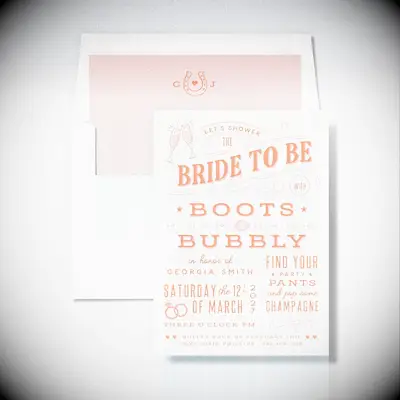 Boots & Bubbly wording example for bridal shower invitation