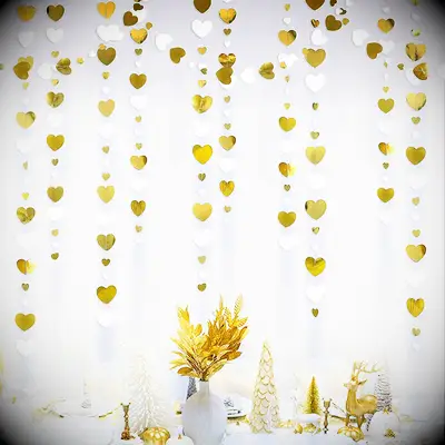 White and gold heart garland, engagement party bunting and streamers