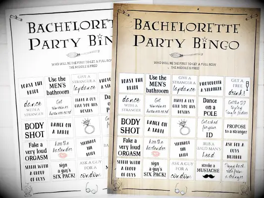 HP themed bachelorette bingo with dares like dance on a pole and photobomb a stranger