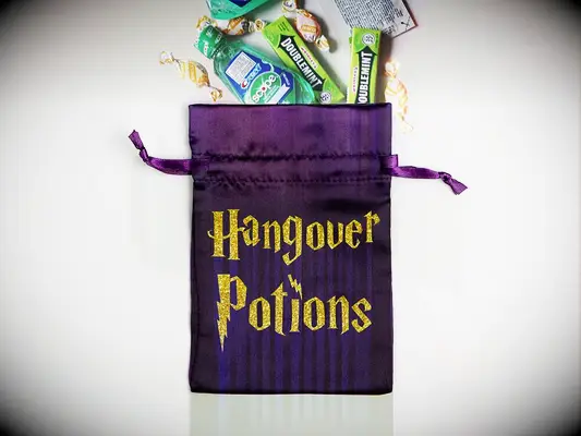 Purple pouch that says Hangover Potions in gold HP font